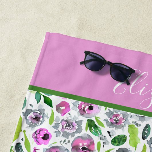モノグラムピンクグレーグリーンボホウォーター色フローラ ビーチタオル (インサイチュ)