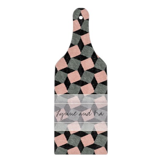 モノグラムピンクグレー幾何イカット正方形パターン カッティングボード (正面)