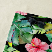 モノグラムピンクトロピカルフローラハイビスカスブラック ビーチタオル (インサイチュ)