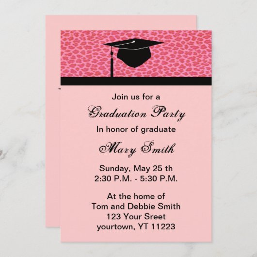 モノグラムピンクヒョウ卒業パーティー招待状 招待状 (正面/裏面)
