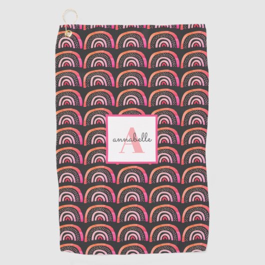 モノグラムピンクピーチレインボーパタパーソナライズされたーン ゴルフタオル (正面)