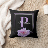 モノグラムピンクフラワーブラックモダン クッション (ブランケット)