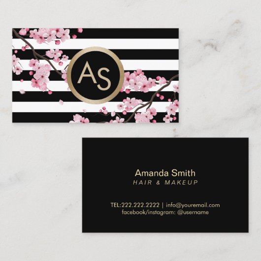 モノグラムピンクフローラストライプ美しいサロン 名刺 (正面/裏面)