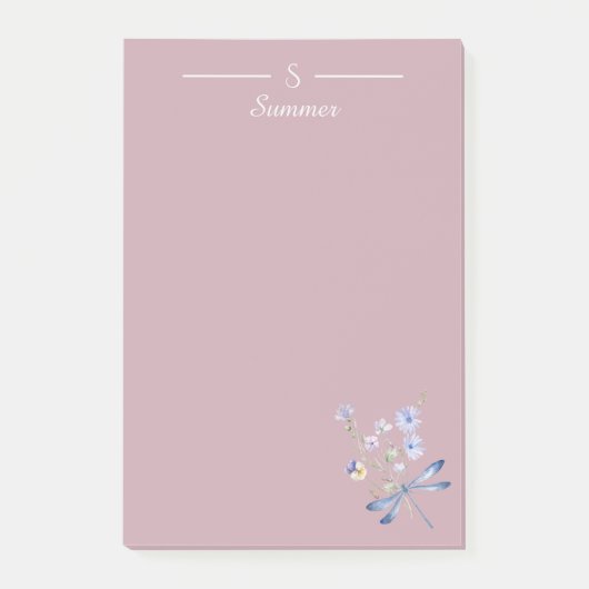 モノグラムピンクフローラトンボ植物学コテージ ポストイット (正面)