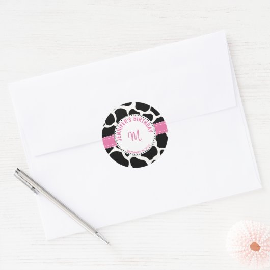 モノグラムピンクブラックカウズプリント誕生日名 ラウンドシール (封筒)