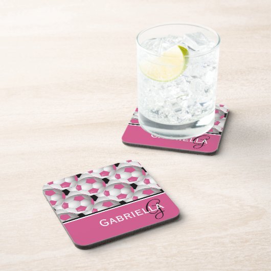 モノグラムピンクブラックサッカーボールパターン コースター (右側)