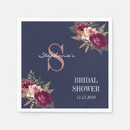 モノグラムピンクブルゴーニュ金ゴールドフローラブライダルシャワー スタンダードカクテルナプキン