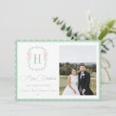 モノグラムピンクボウ緑のクリスマスフォト シーズンカード (スタンド正面)