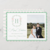 モノグラムピンクボウ緑のクリスマスフォト シーズンカード (正面/裏面)