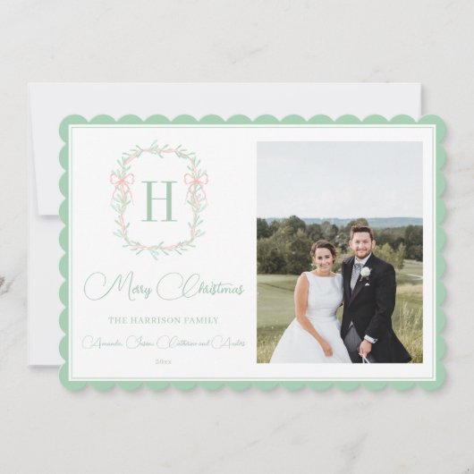 モノグラムピンクボウ緑のクリスマスフォト シーズンカード (正面)