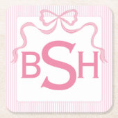 モノグラムピンクボウ、カスタムリボン スクエアペーパーコースター (正面)