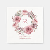 モノグラムピンクローズグリーンリーウォーター結婚カラー スタンダードカクテルナプキン (正面)