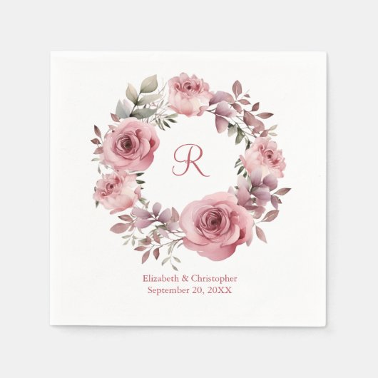 モノグラムピンクローズグリーンリーウォーター結婚カラー スタンダードカクテルナプキン (正面)