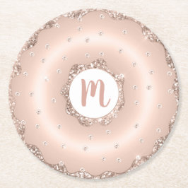 モノグラムピンクローズ金ゴールドグリッタードーナツスクリプト ラウンドペーパーコースター