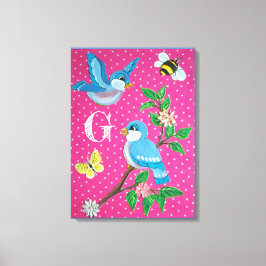 モノグラムピンク明るいブルーバードコラージュヴィンテージ キャンバスプリント