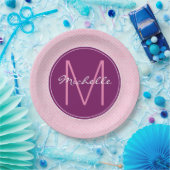 モノグラムピンク水玉模様 ペーパープレート (パーティー)