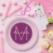 モノグラムピンク水玉模様 ペーパープレート (パーティー)