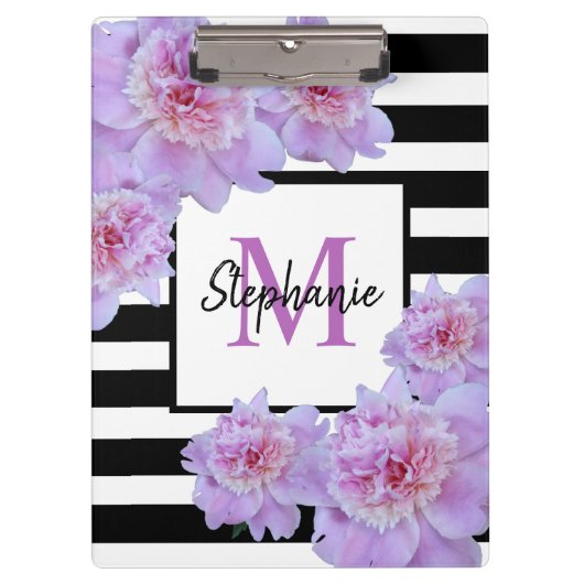 モノグラムピンク牡丹の花ブラックストライプ紫色 クリップボード (正面)