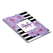 モノグラムピンク牡丹の花ブラックストライプ紫色 ノートブック (右側)
