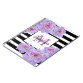 モノグラムピンク牡丹の花ブラックストライプ紫色 ノートブック (左側)