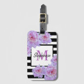 モノグラムピンク牡丹の花ブラックストライプ紫色 ラゲッジタグ (正面縦)