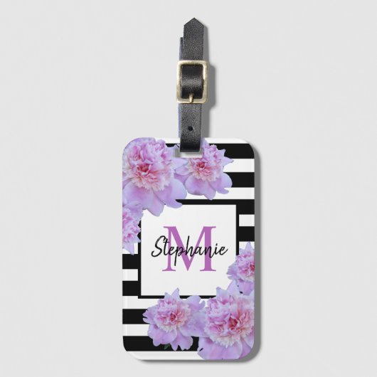 モノグラムピンク牡丹の花ブラックストライプ紫色 ラゲッジタグ (正面縦)