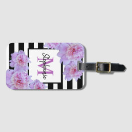 モノグラムピンク牡丹の花ブラックストライプ紫色 ラゲッジタグ