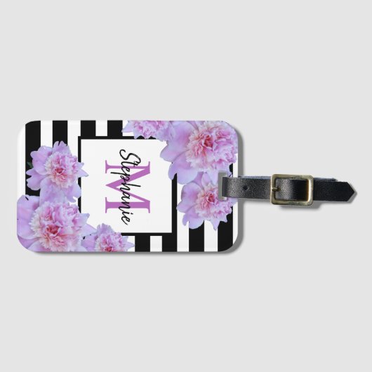 モノグラムピンク牡丹の花ブラックストライプ紫色 ラゲッジタグ (正面横)