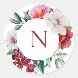 モノグラムピンク牡丹クラシックラウンドステッカー ラウンドシール