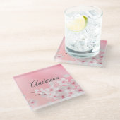 モノグラムピンク白さくらんぼ花フローラ花 ガラスコースター (アングル)