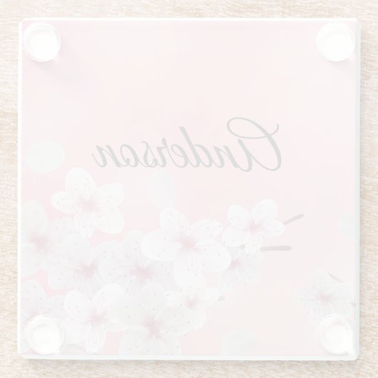 モノグラムピンク白さくらんぼ花フローラ花 ガラスコースター (裏面)