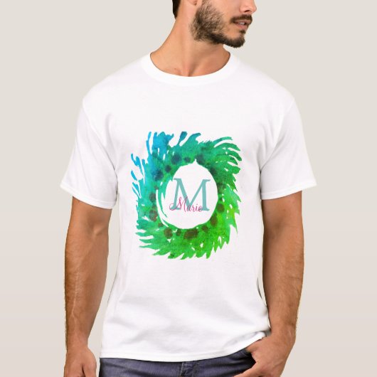 モノグラムピンク緑のクリスマスリースを追加 Tシャツ (正面)