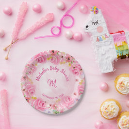 モノグラムピンク金ゴールドフローラベビーシャワー ペーパープレート