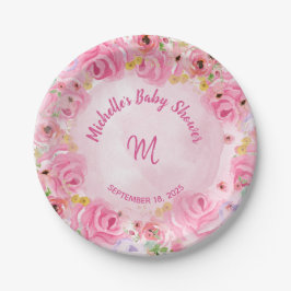 モノグラムピンク金ゴールドフローラベビーシャワー ペーパープレート