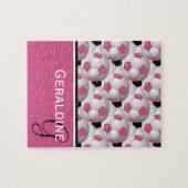 モノグラムピンク黒のサッカーボールパターン ジグソーパズル (横)