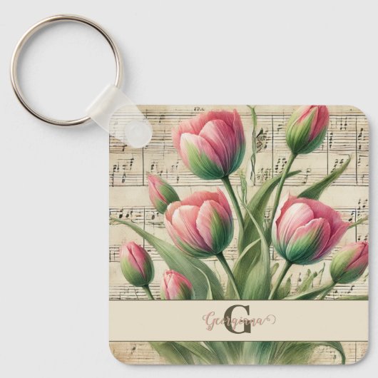 モノグラムピンク&グリーンヴィンテージチューリップシートミュージック キーホルダー (正面)