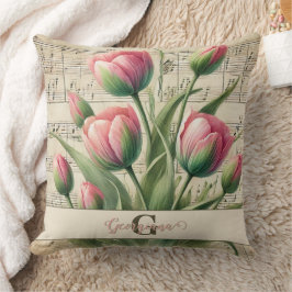 モノグラムピンク&グリーンヴィンテージチューリップシートミュージック クッション