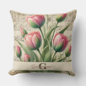 モノグラムピンク&グリーンヴィンテージチューリップシートミュージック クッション (正面)