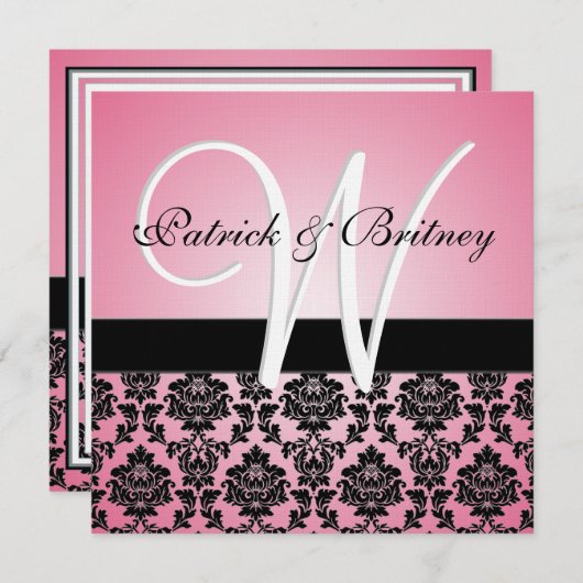 モノグラムピンク&ブラックダマスクウェディング招待状 招待状 (正面/裏面)