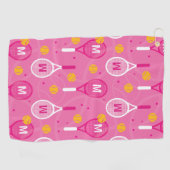 モノグラムピンク&ホワイトテニスラケットパターン付き ゴルフタオル (横)