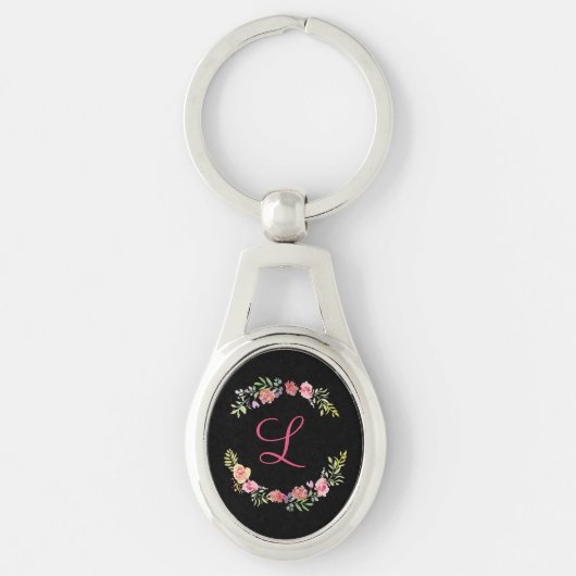 モノグラムピンク、黄、緑のフローラ水色 キーホルダー (正面)