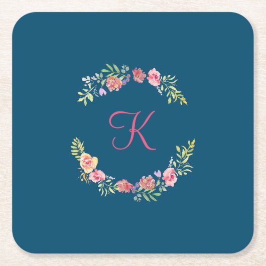 モノグラムピンク、黄、緑のフローラ水色 スクエアペーパーコースター (正面)