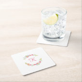 モノグラムピンク、黄、緑のフローラ水色 スクエアペーパーコースター (インサイチュ)