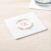 モノグラムピンク、黄、緑のフローラ水色 スクエアペーパーコースター (アングル)