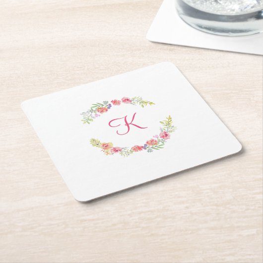 モノグラムピンク、黄、緑のフローラ水色 スクエアペーパーコースター (アングル)