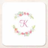 モノグラムピンク、黄、緑のフローラ水色 スクエアペーパーコースター (正面)