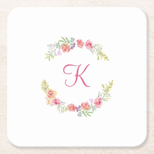 モノグラムピンク、黄、緑のフローラ水色 スクエアペーパーコースター (正面)