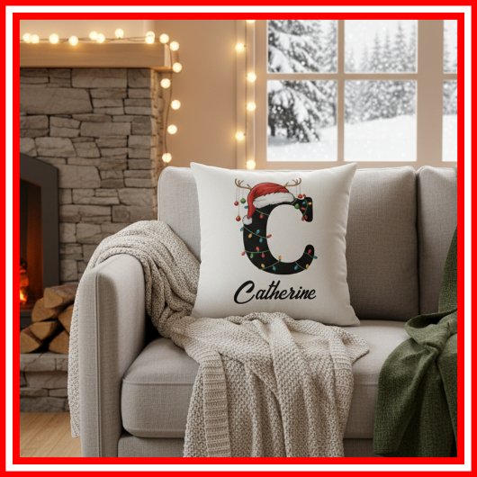 モノグラムファミリークリスマス〔雄ジカの〕枝角サンタ クッション