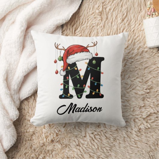 モノグラムファミリークリスマス〔雄ジカの〕枝角サンタ クッション (ブランケット)