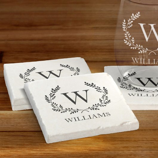 モノグラムファミリーネームローレルリースクレスト ストーンコースター